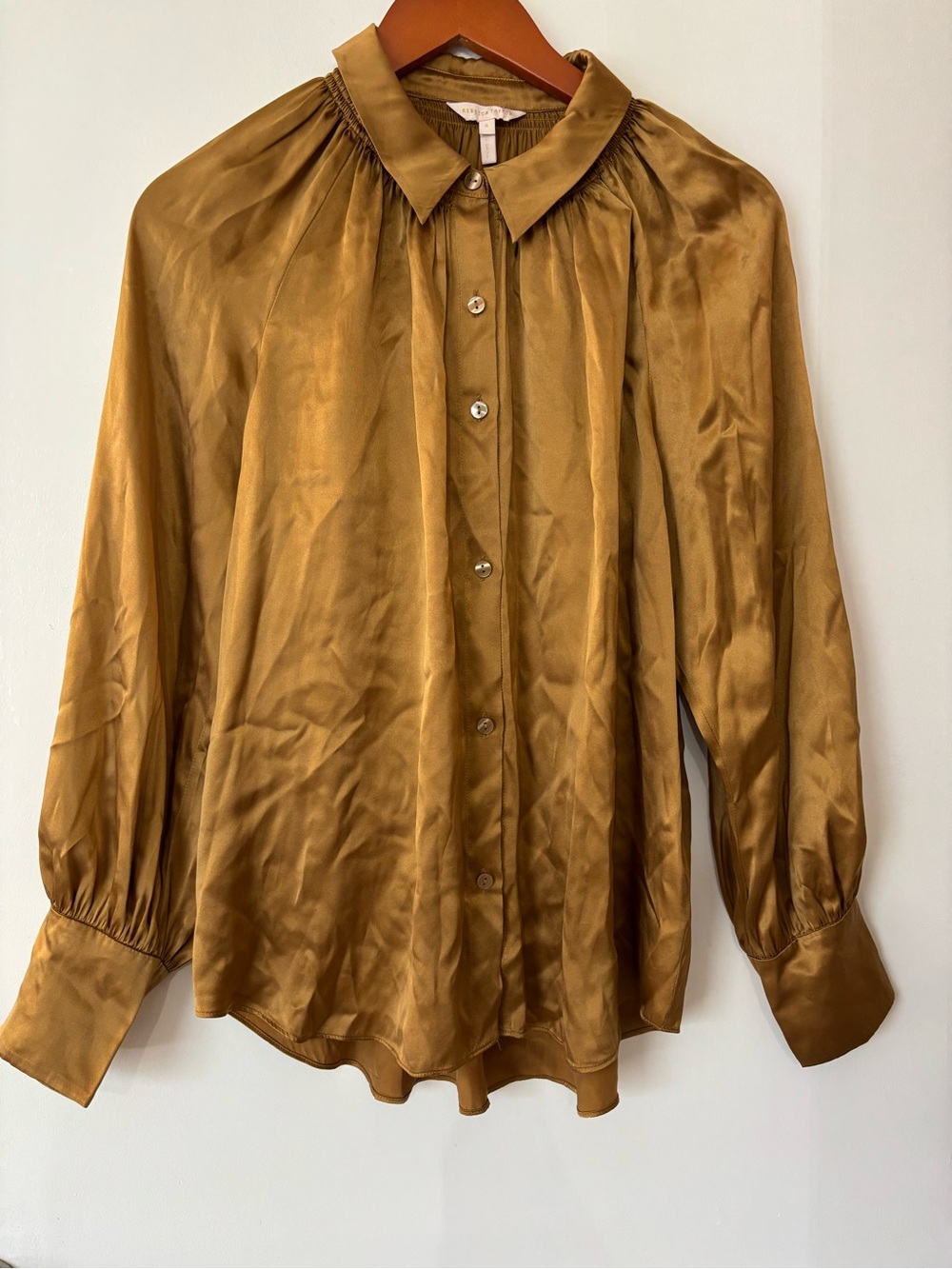 Rebecca Taylor Women Brown Silk Satin Long Sleeve Button Down Blouse Top Size 8